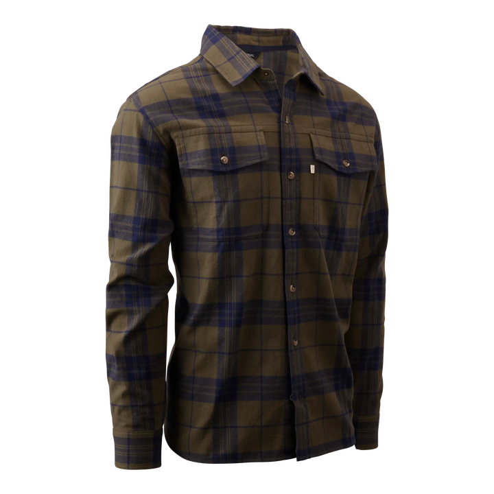 Olive and navy plaid Badlands shirt with long sleeves, button front, chest pockets, and subtle skull logo tag.