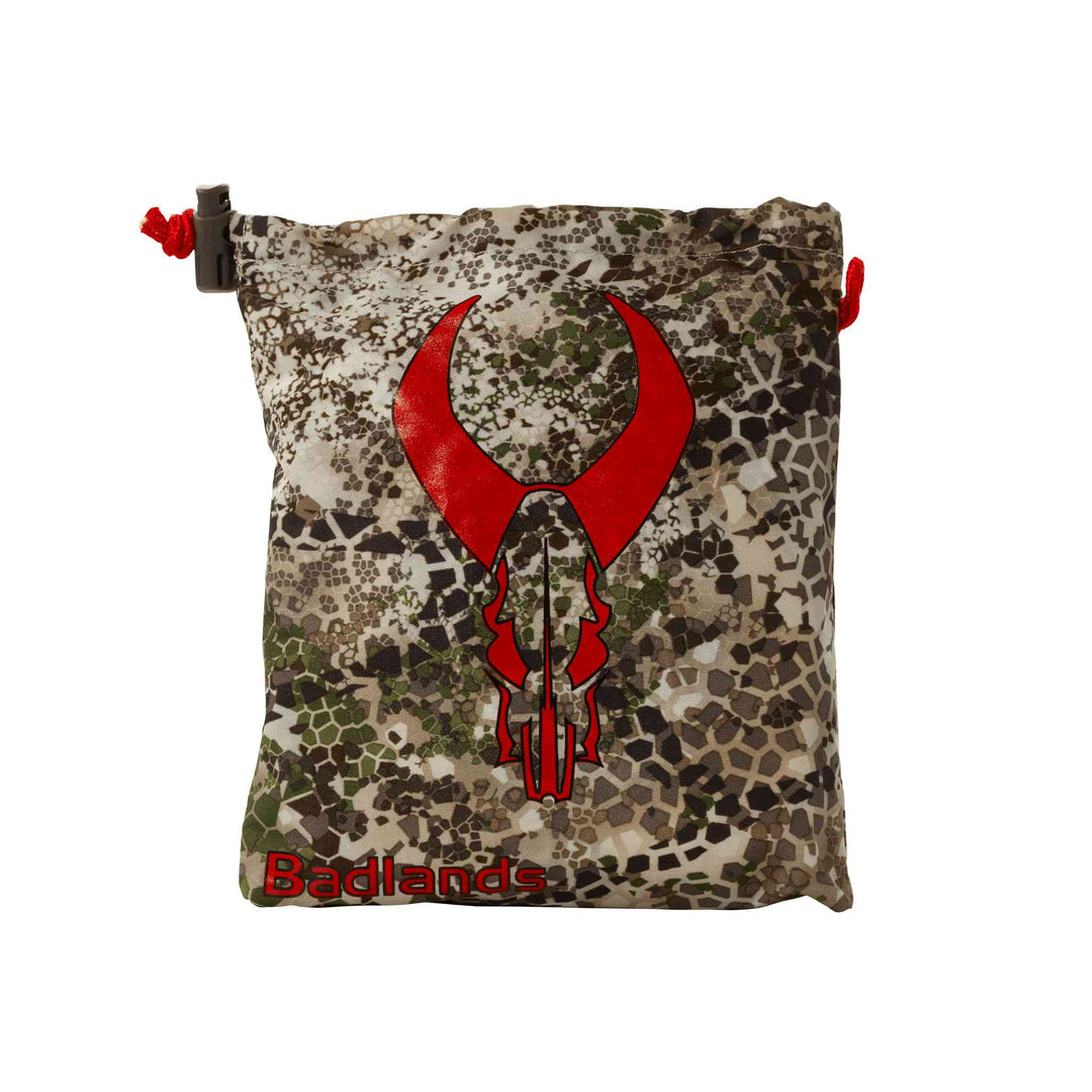 Camo Badlands pouch with red skull logo and drawstring closure, designed for outdoor or hunting gear storage.