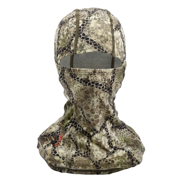 Badlands camo hunting balaclava with skull logo, full face coverage, breathable fabric, and eye opening.