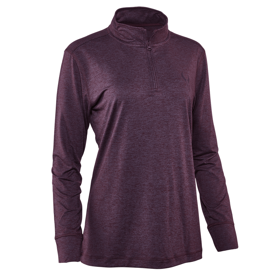 Women's maroon Badlands pullover with quarter zip and subtle skull logo on chest. Long sleeves, mock neck.