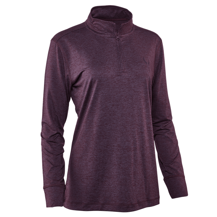 Women's maroon Badlands pullover with quarter zip and subtle skull logo on chest. Long sleeves, mock neck.