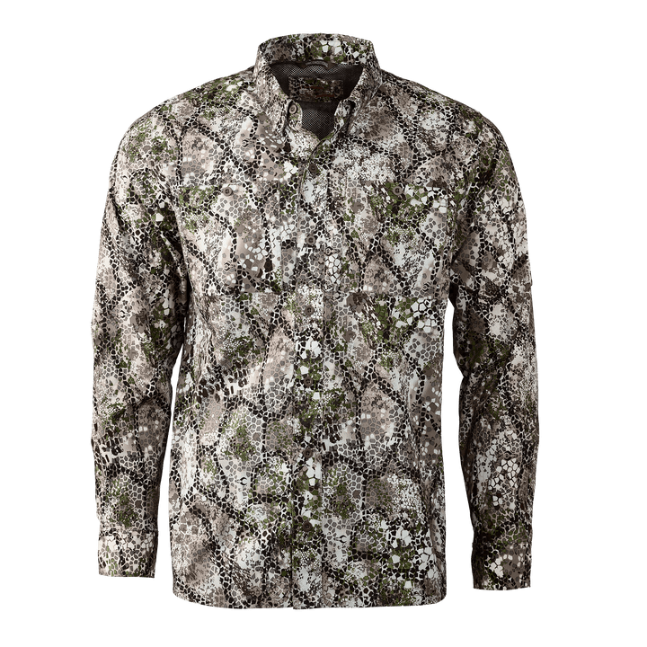 Long-sleeve button-up shirt in Badlands Approach camo with subtle Badlands skull logo on the collar.