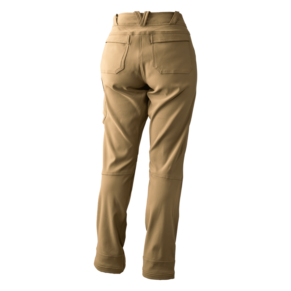 Tan Badlands women's pants, rear view, with two back pockets and subtle Badlands skull logo on waistband.