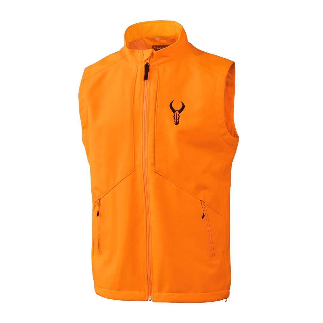 Bright orange Badlands vest with zip front, two pockets, and black Badlands skull logo on chest.