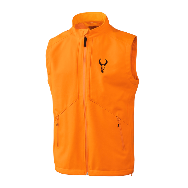 Bright orange Badlands vest with zip front, two pockets, and black Badlands skull logo on chest.