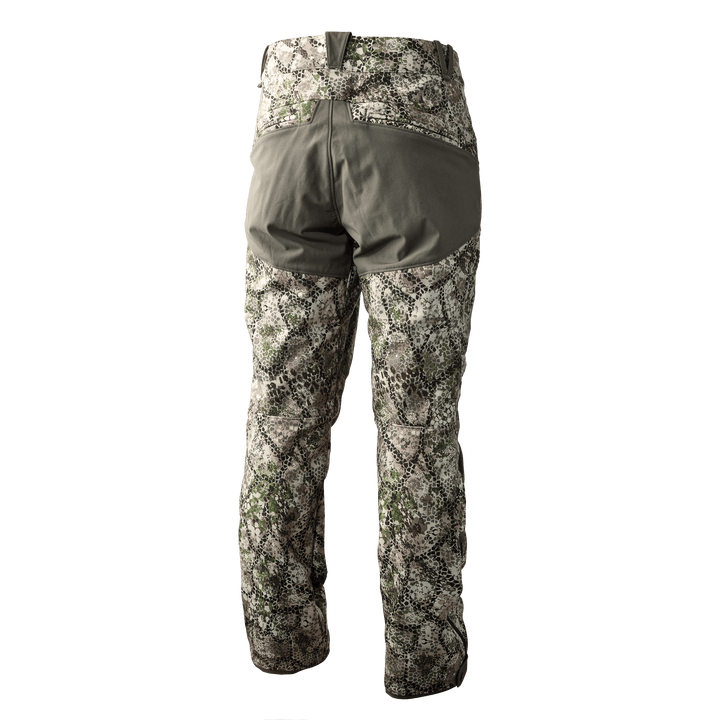 Badlands camo hunting pants, rear view, with reinforced seat and Badlands skull logo.