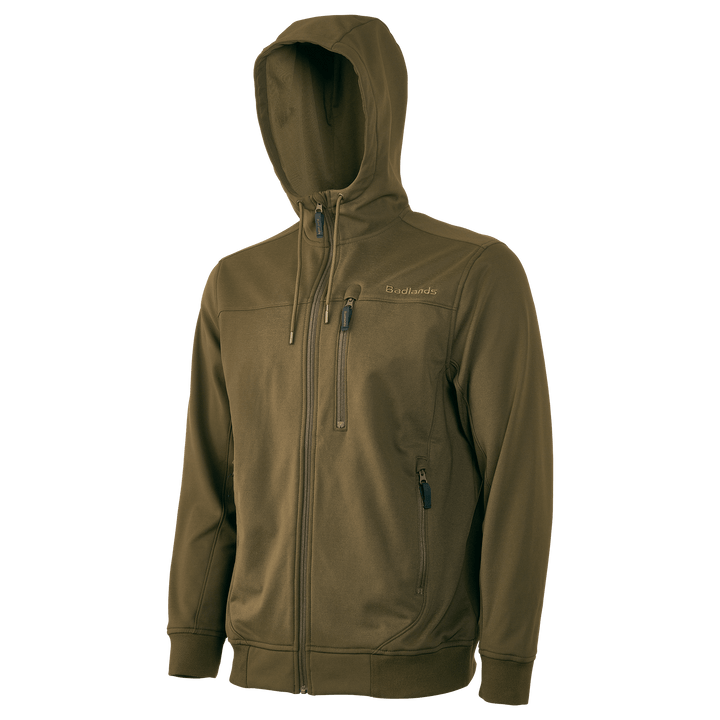 Olive Badlands hoodie with zip front, three zip pockets, and skull logo on chest. Accessible, outdoor-ready design.