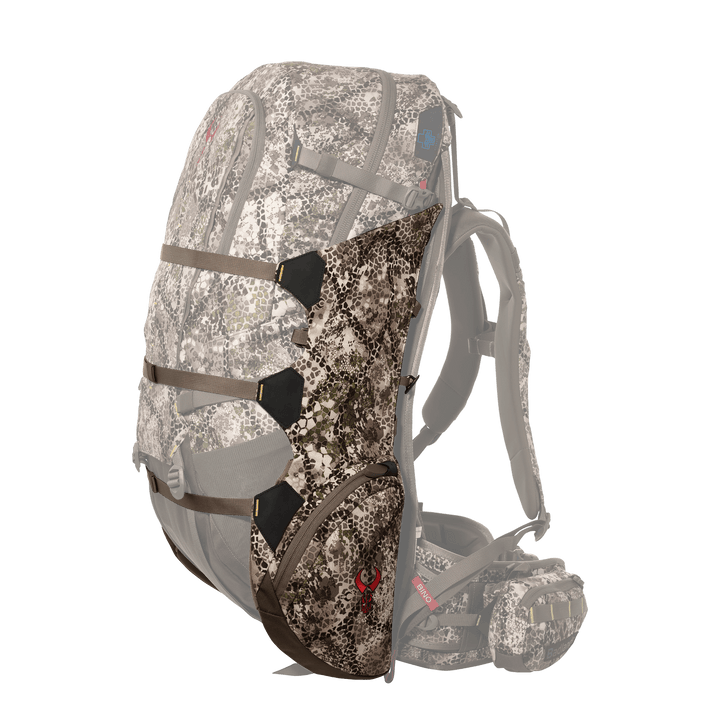Camo Badlands hunting backpack with padded straps and red Badlands skull logo on side pocket, shown on white background.