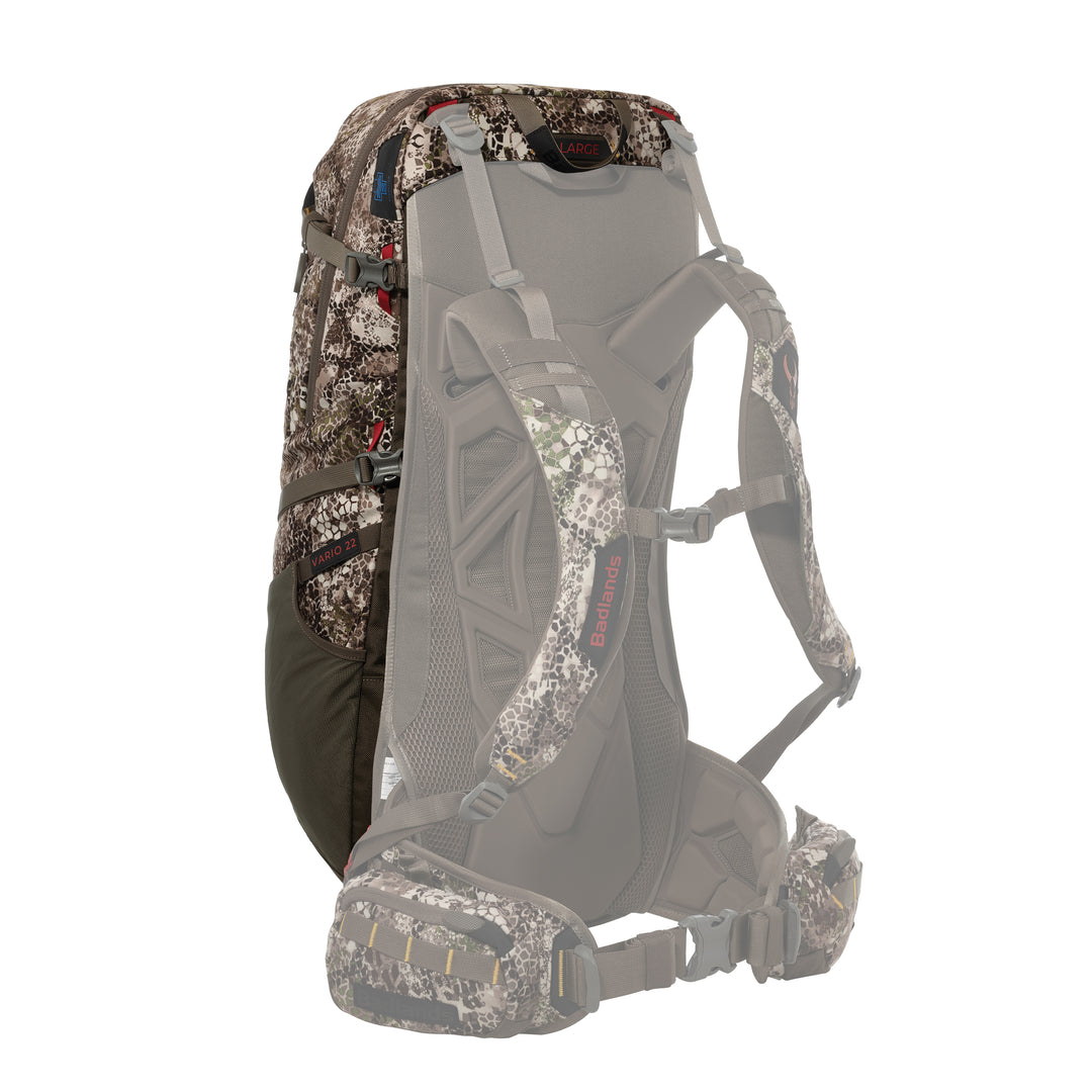 Badlands Vario 22 camo hunting pack with ergonomic straps and skull logo, shown with frame highlighted for clarity.