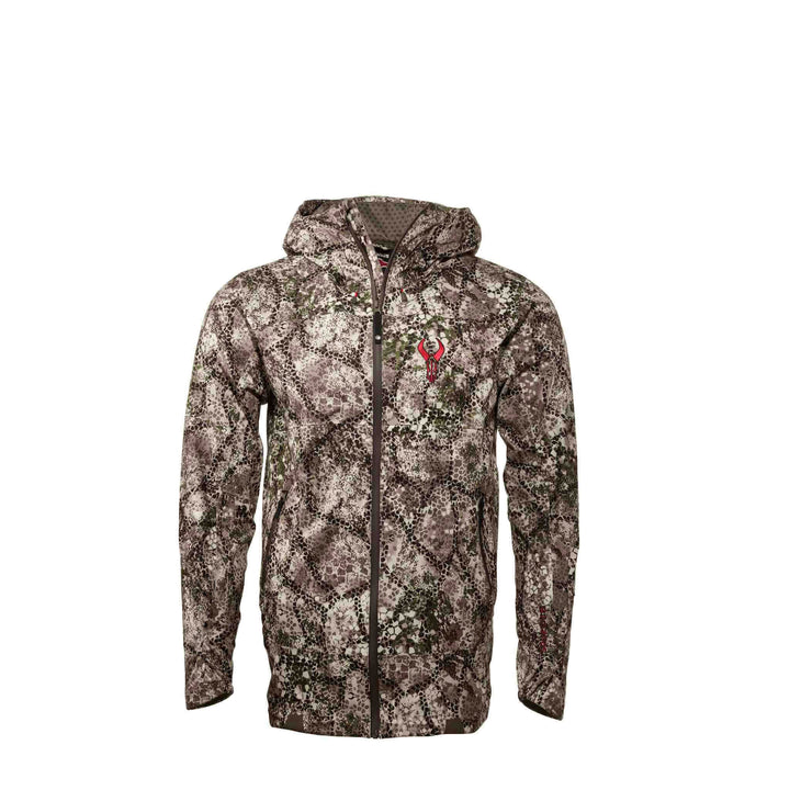 Camo jacket with hood and front zipper, featuring the red Badlands skull logo on the left chest.