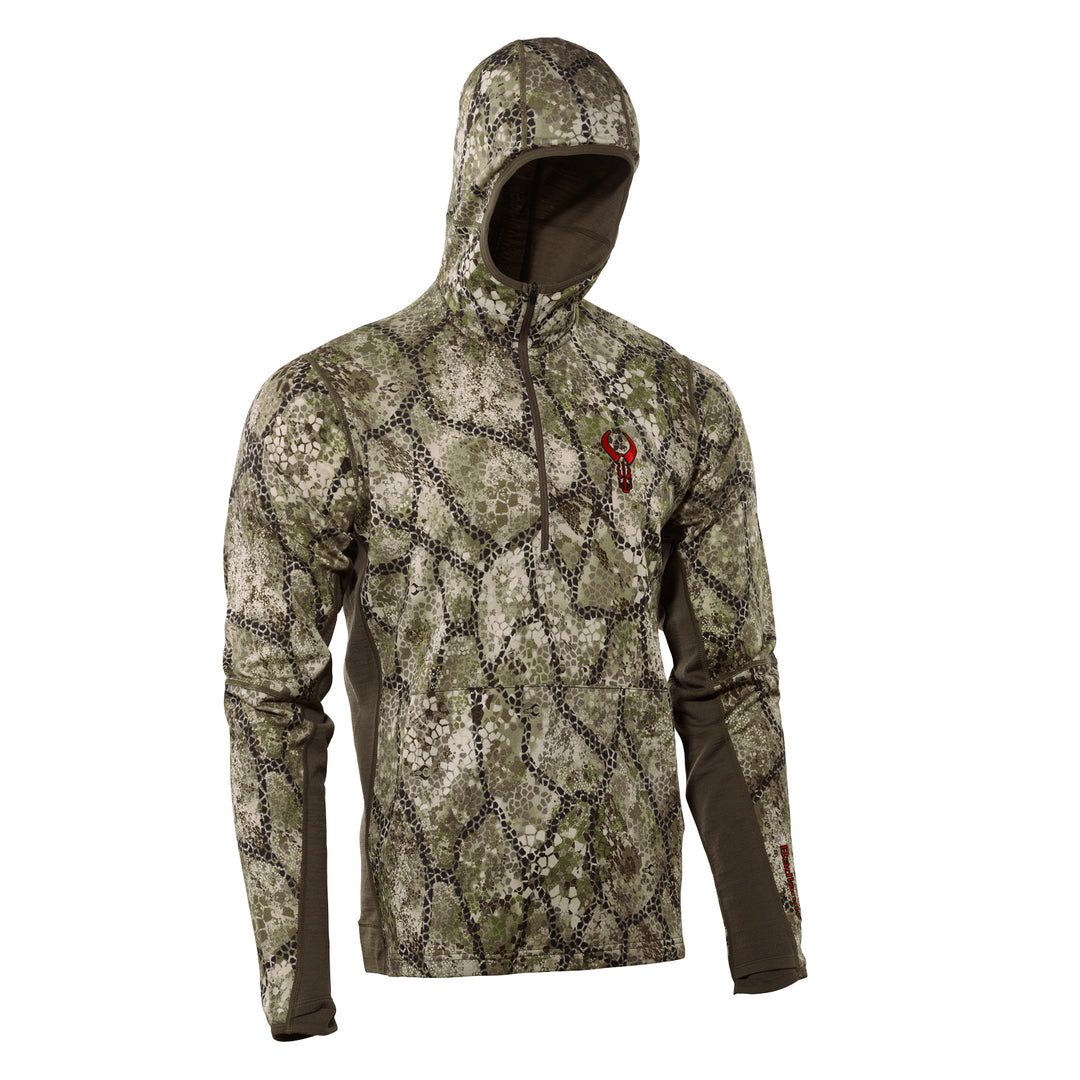 Badlands camo hoodie with red skull logo on chest, designed for outdoor and hunting use.