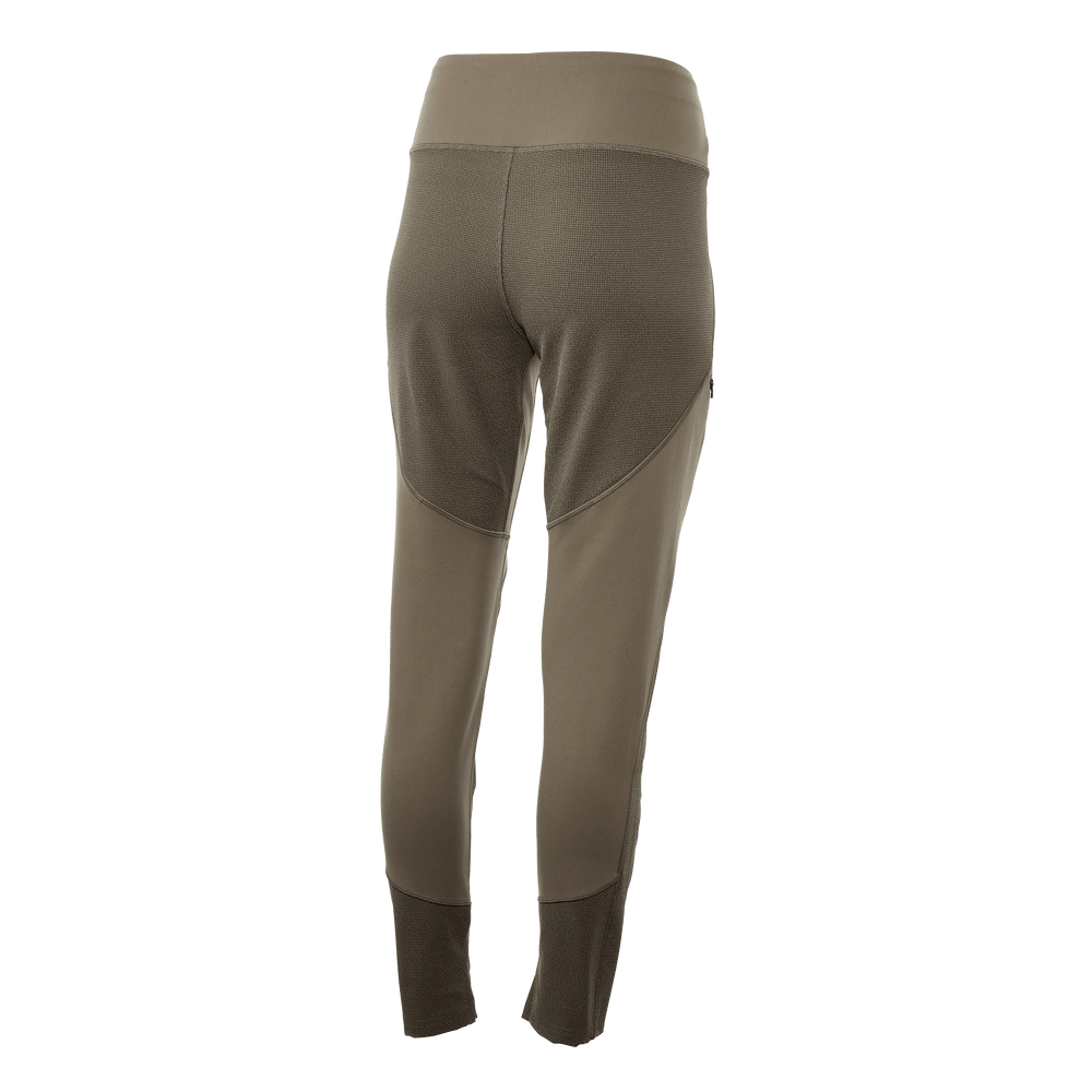 Back view of Badlands women's hunting pants in olive, featuring stretch panels and the Badlands skull logo.