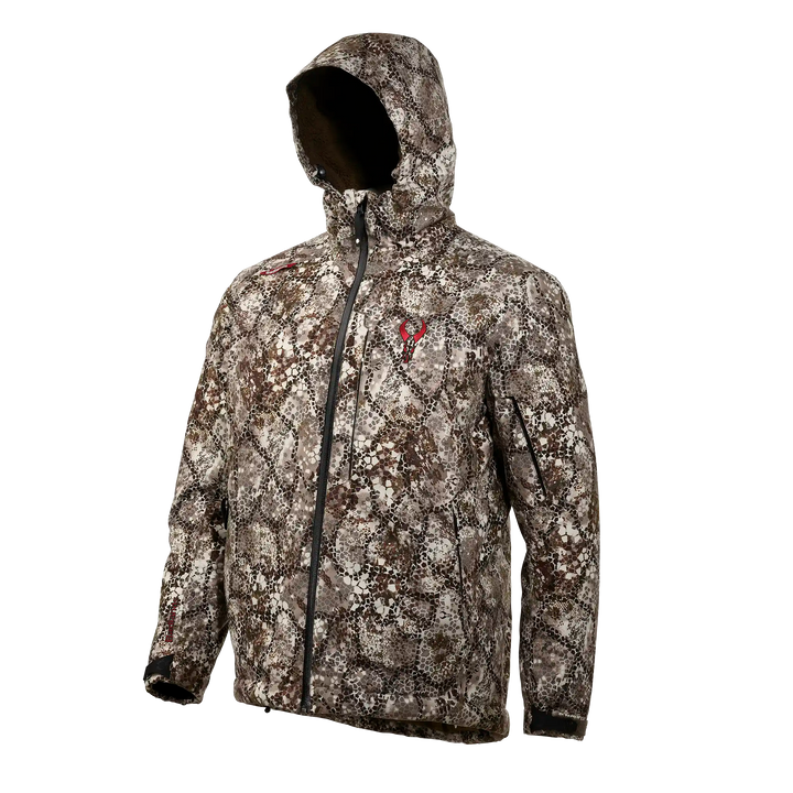 Badlands camo jacket with hood and red skull logo on chest, designed for outdoor and hunting use.
