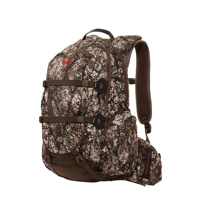 Badlands camo hunting backpack with red skull logo, padded straps, and multiple compartments for outdoor gear.