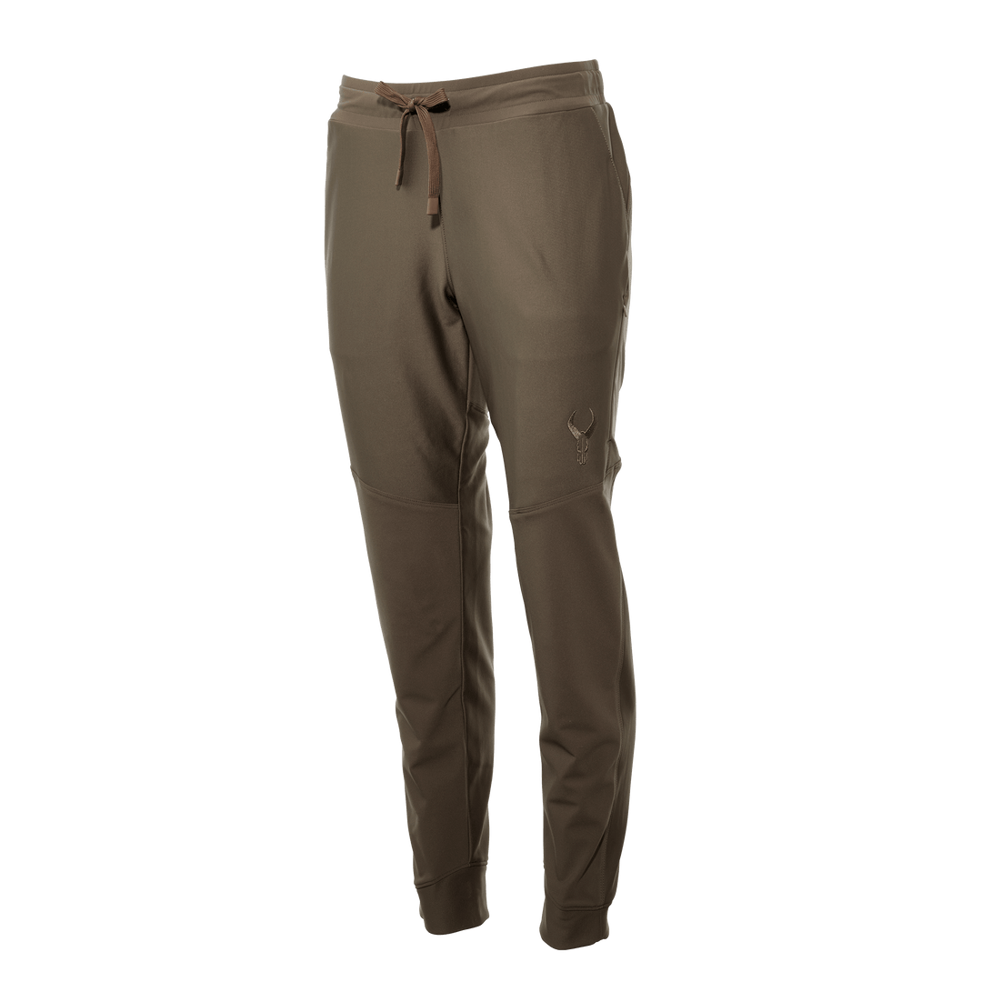 Brown Badlands jogger pants with drawstring waist and skull logo on left thigh. Accessible, comfortable outdoor wear.