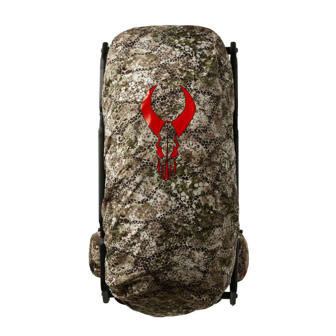 Camo Badlands hunting pack with red skull logo, shown from the back against a white background.