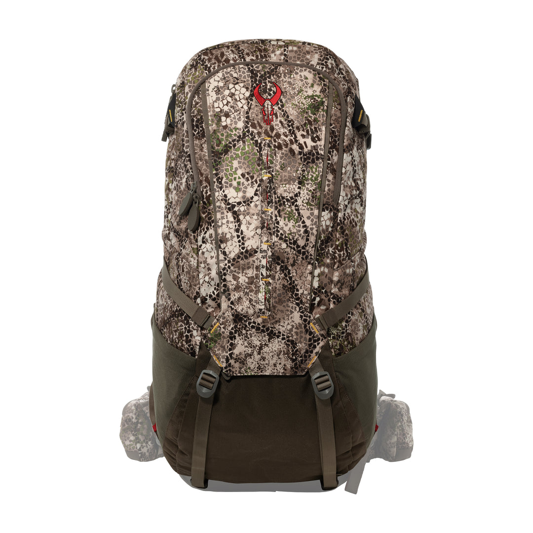 Camo Badlands hunting backpack with red skull logo, front view, adjustable straps, and durable fabric.