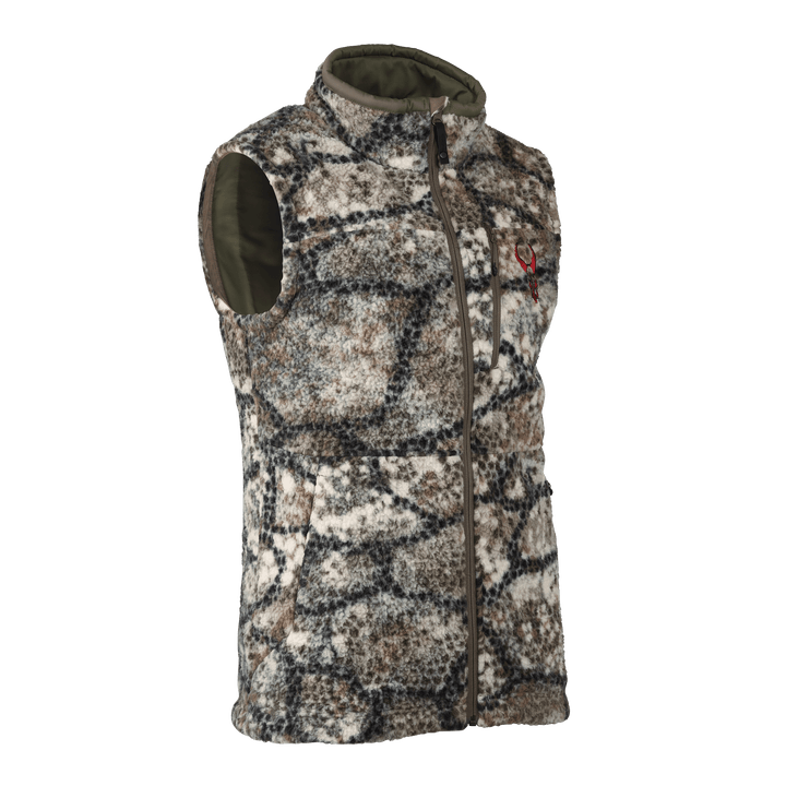 Badlands camo fleece vest with front zipper and red skull logo on chest, designed for outdoor and hunting use.