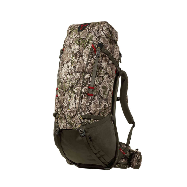 Badlands camo hunting backpack with red skull logo, padded straps, and multiple compartments for gear organization.