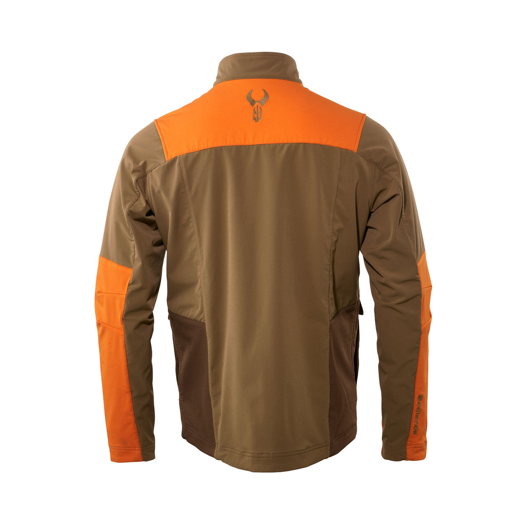 Brown and orange hunting jacket, Badlands skull logo on back yoke, long sleeves, high-visibility panels for safety.
