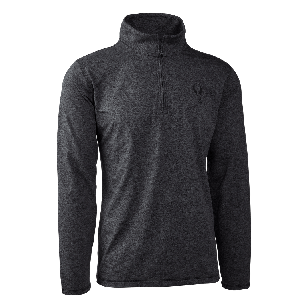 Dark gray Badlands quarter-zip pullover with long sleeves and subtle skull logo on left chest.