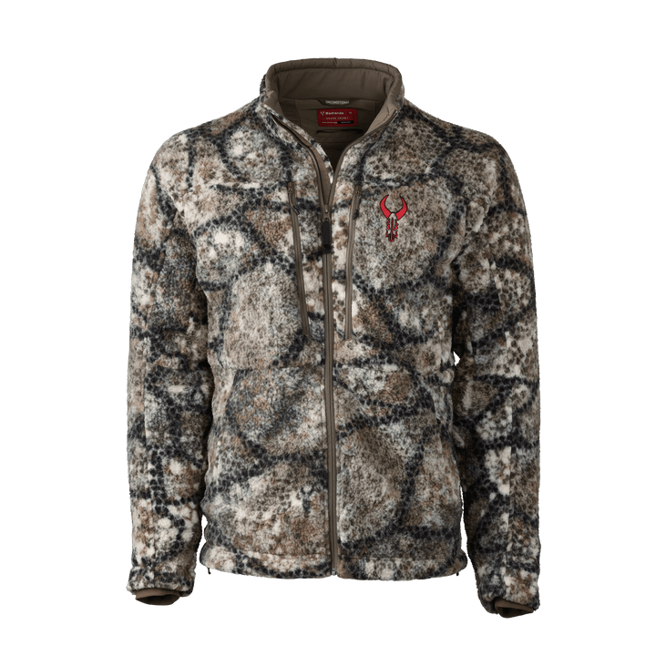 Badlands camo fleece jacket with front zipper and red skull logo on chest, designed for outdoor and hunting use.