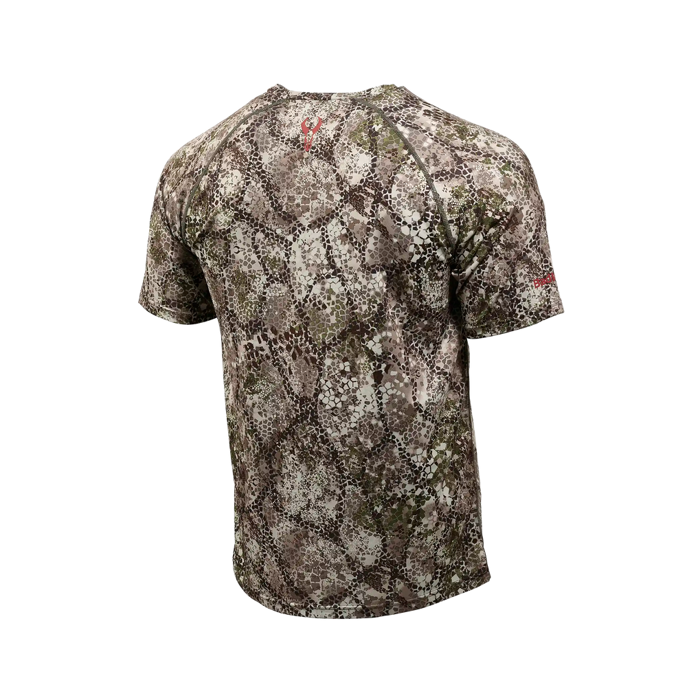 Badlands camo shirt, short sleeves, with Badlands skull logo on upper back. Earth-tone pattern for outdoor use.