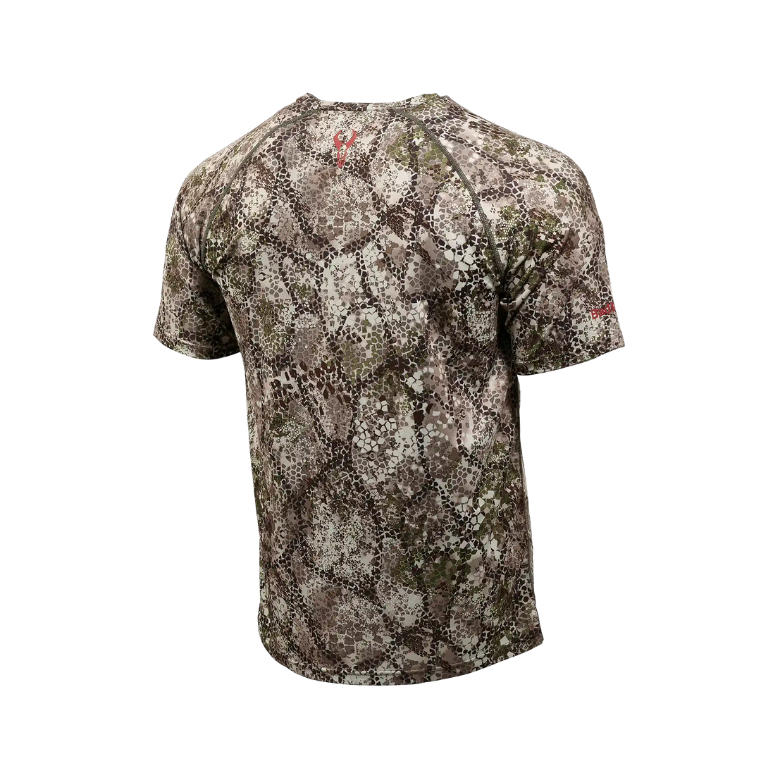 Badlands camo shirt, short sleeves, with Badlands skull logo on upper back. Earth-tone pattern for outdoor use.