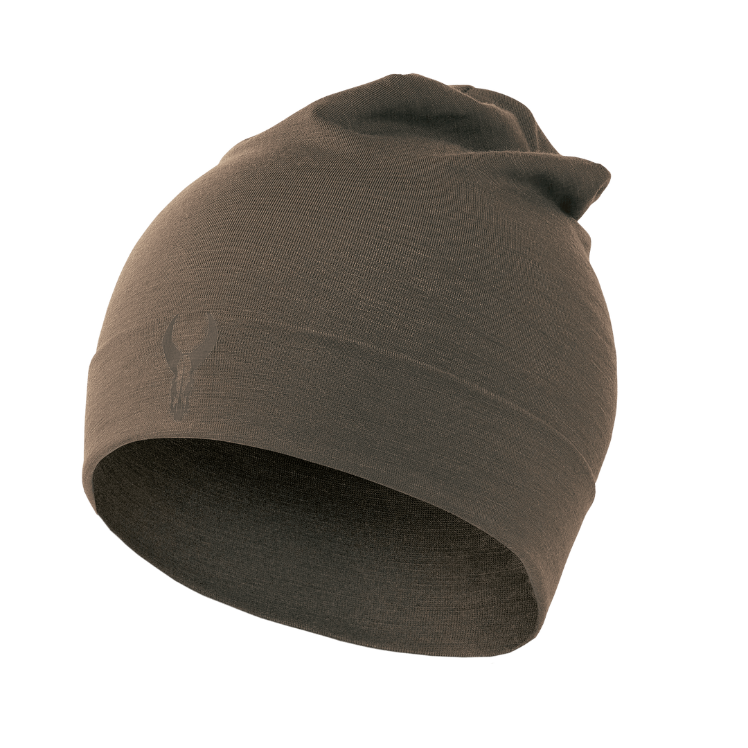Brown Badlands beanie with subtle skull logo, designed for warmth and outdoor comfort.