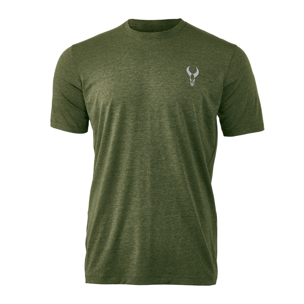 Olive green Badlands t-shirt with short sleeves and a small white Badlands skull logo on the left chest.