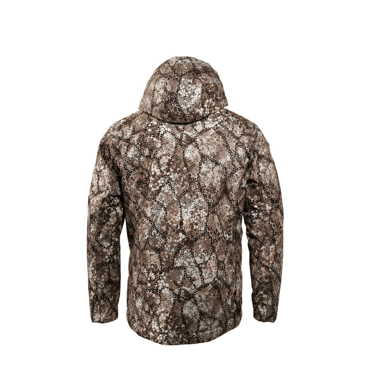 Back view of a Badlands camo jacket with hood; features the Badlands skull logo on the upper back.