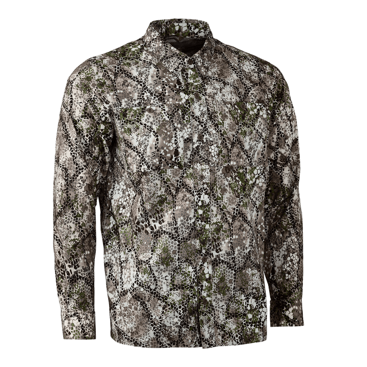 Badlands camo hunting shirt with subtle skull logo, long sleeves, and earth-tone pattern for outdoor concealment.
