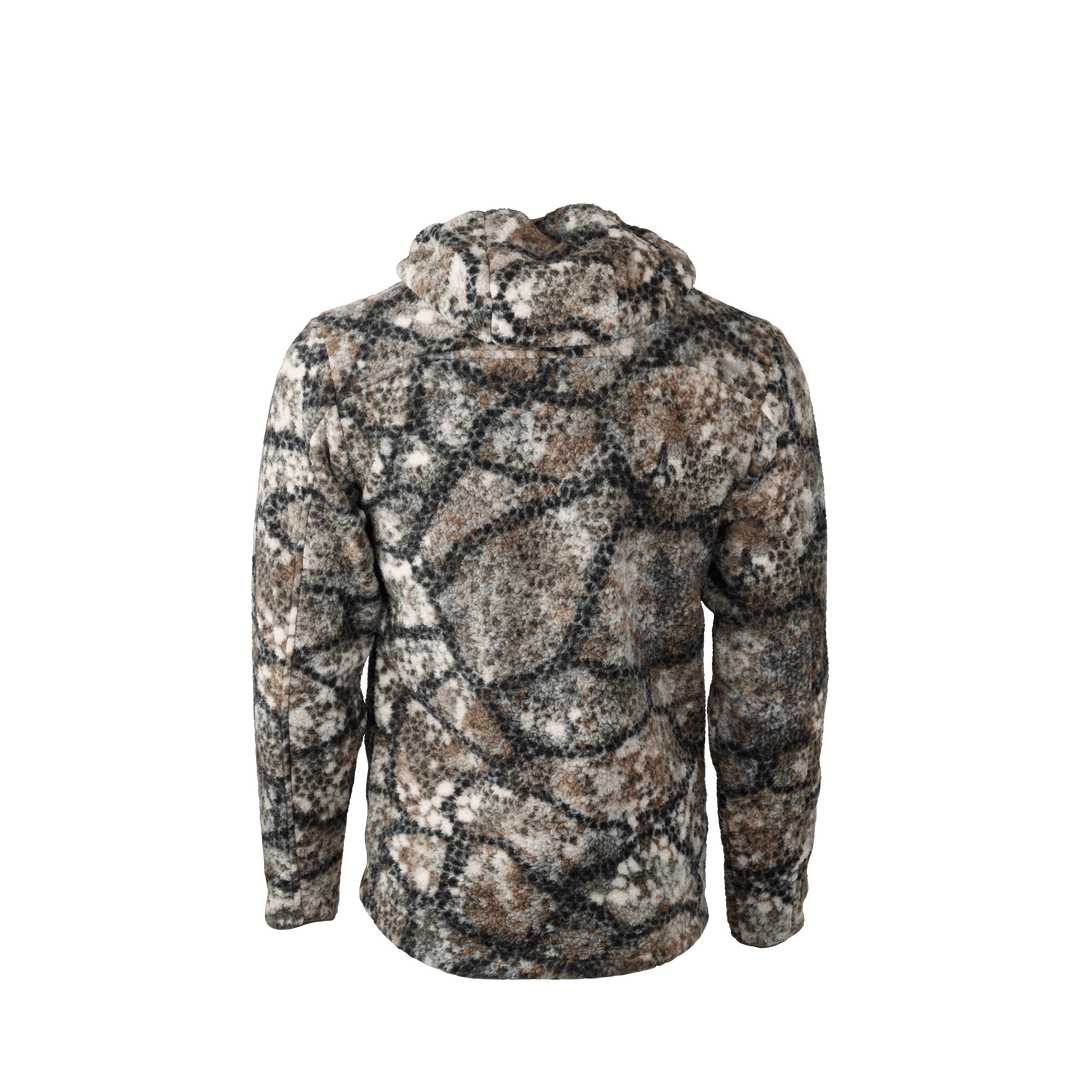 Back view of a Badlands camo fleece hoodie with hood, featuring the Badlands skull logo.