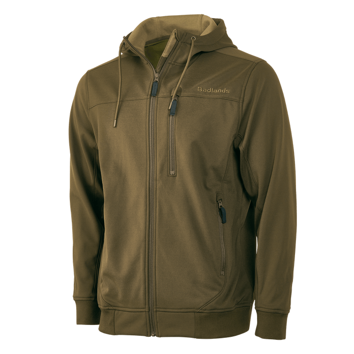 Olive Badlands hoodie with zip front, hood, and logo skull on chest; accessible zippered pockets.