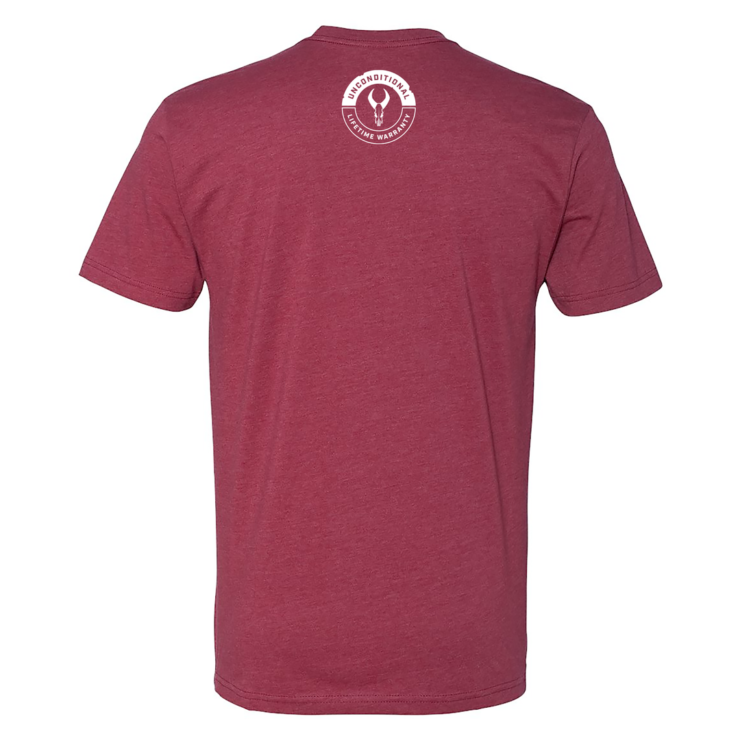 Maroon Badlands t-shirt, back view, with white Badlands skull logo and "Unconditional Lifetime Warranty" near the neck.