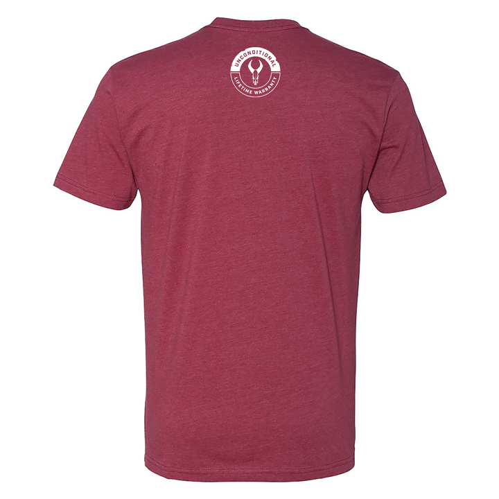 Maroon Badlands t-shirt, back view, with white Badlands skull logo and "Unconditional Lifetime Warranty" near the neck.