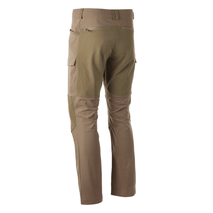 Tan Badlands hunting pants, rear view, with zippered pocket and reinforced seat for durability.