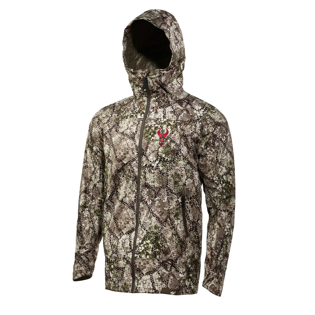 Badlands camo jacket with hood, front zipper, and red skull logo on chest. Designed for outdoor and hunting use.