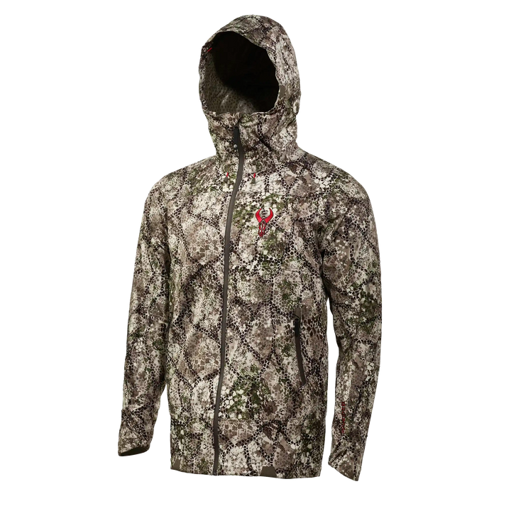 Badlands camo jacket with hood, front zipper, and red skull logo on chest. Designed for outdoor and hunting use.