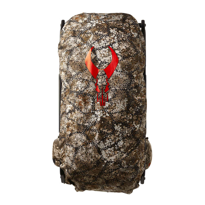 Camo Badlands backpack with large red skull logo, shown from the back against a white background.
