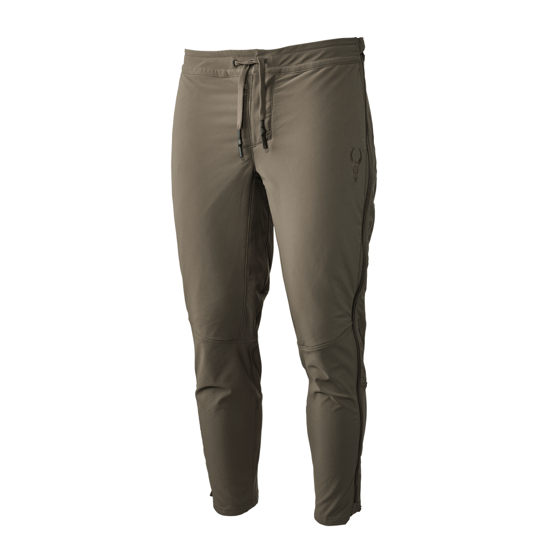 Khaki Badlands jogger pants with drawstring waist and skull logo on left thigh, designed for outdoor comfort and mobility.