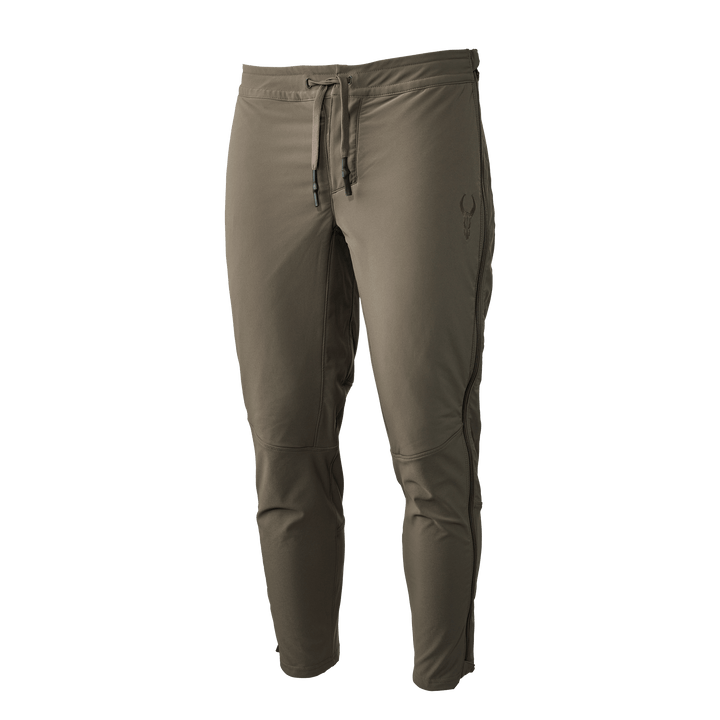 Khaki Badlands jogger pants with drawstring waist and skull logo on left thigh, designed for outdoor comfort and mobility.