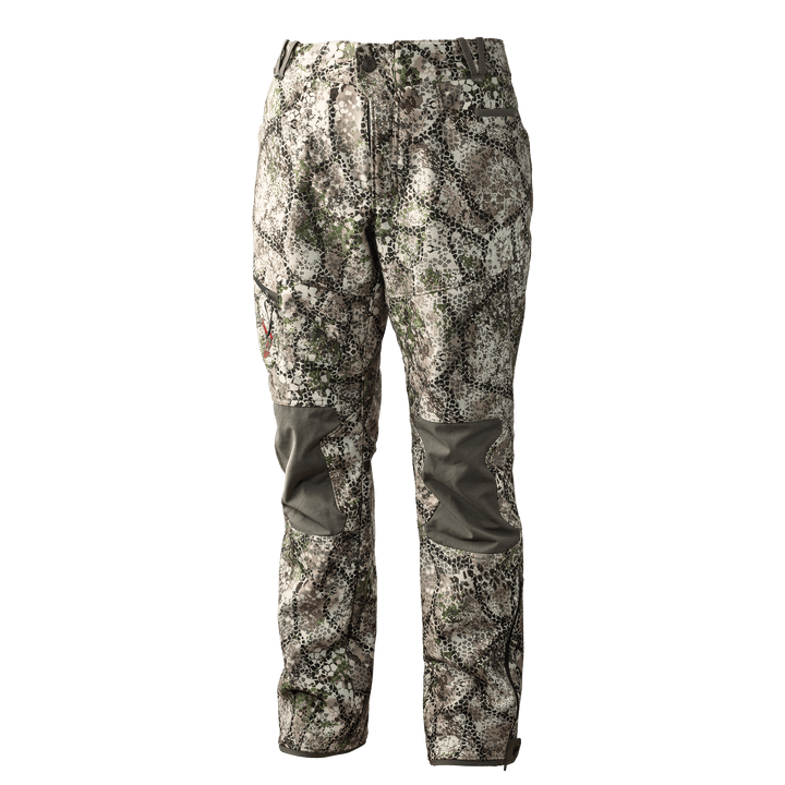 Badlands camo hunting pants with reinforced knees and Badlands skull logo on left thigh.