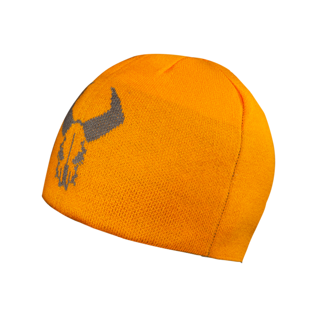 Bright orange knit beanie featuring the Badlands skull logo in gray on the front.