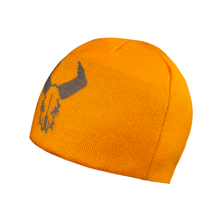 Bright orange knit beanie featuring the Badlands skull logo in gray on the front.