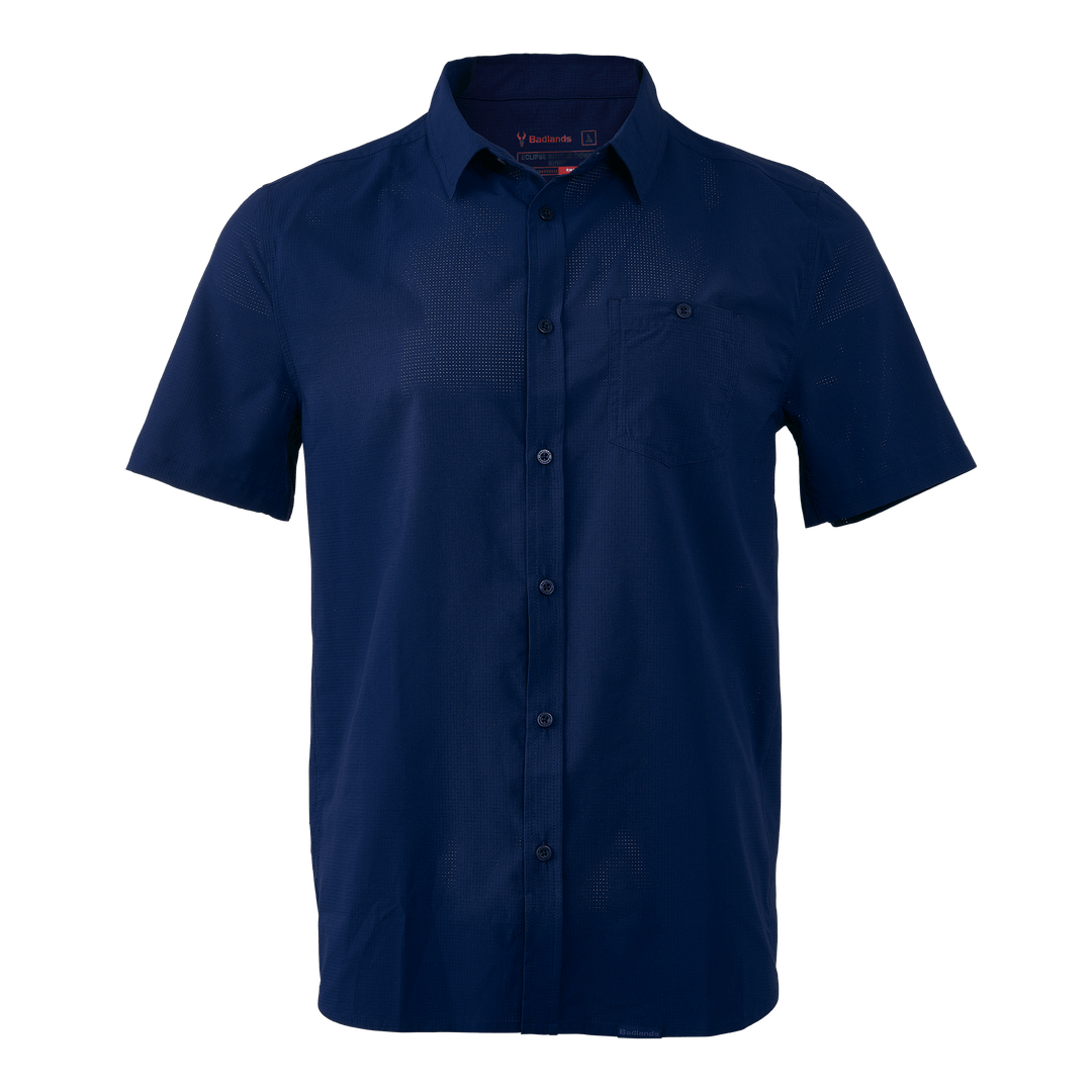 Navy Badlands short-sleeve button-up shirt with chest pocket and skull logo inside collar.