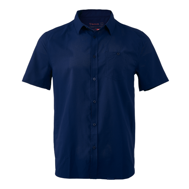 Navy Badlands short-sleeve button-up shirt with chest pocket and skull logo inside collar.