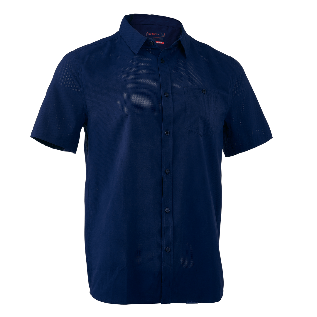 Navy blue Badlands short-sleeve button-up shirt with chest pocket and subtle skull logo design on the front.