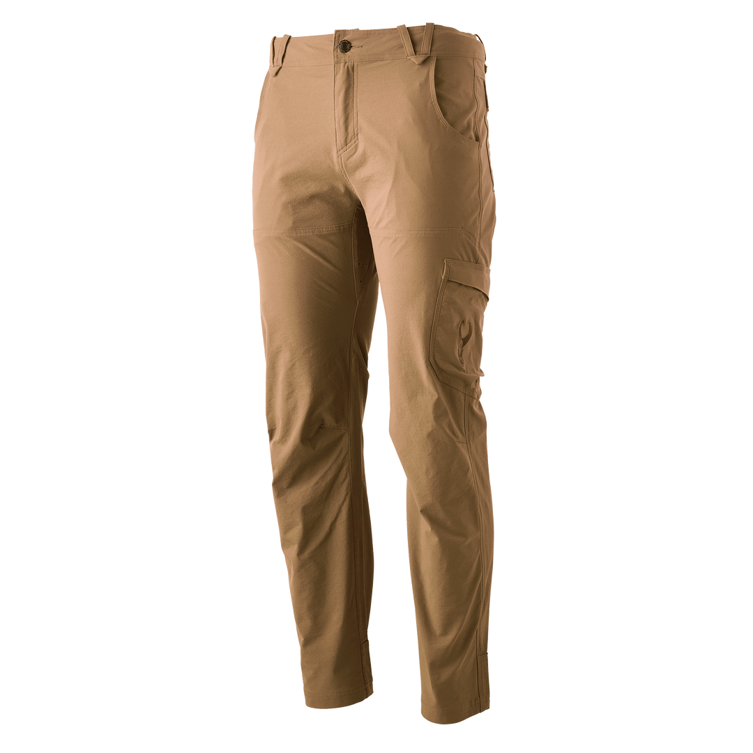 Tan Badlands pants with cargo pocket and skull logo, designed for outdoor use. Pants are shown standing upright.